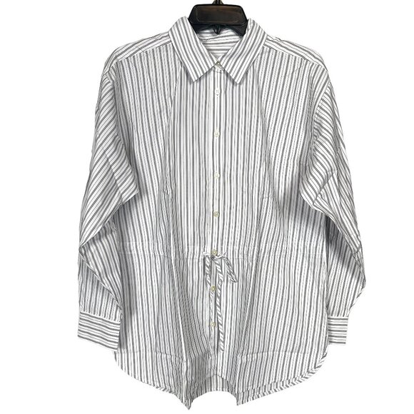 LOFT Striped Drawstring Tunic Shirt Top Small White Gray Business Casual Stretch - Picture 2 of 12